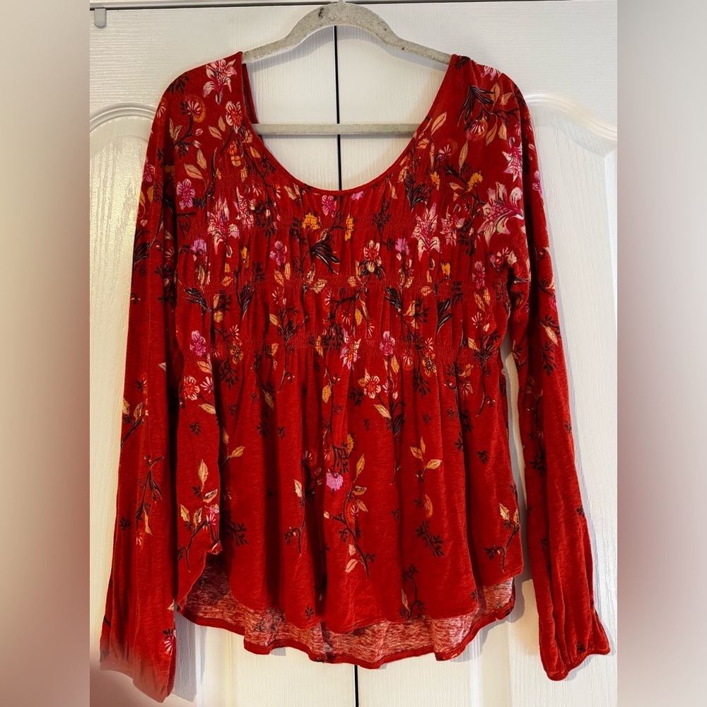 Free People Orange Floral Patterned Flowy Scoop Neck  Blouse - Size M - Picture 2 of 5